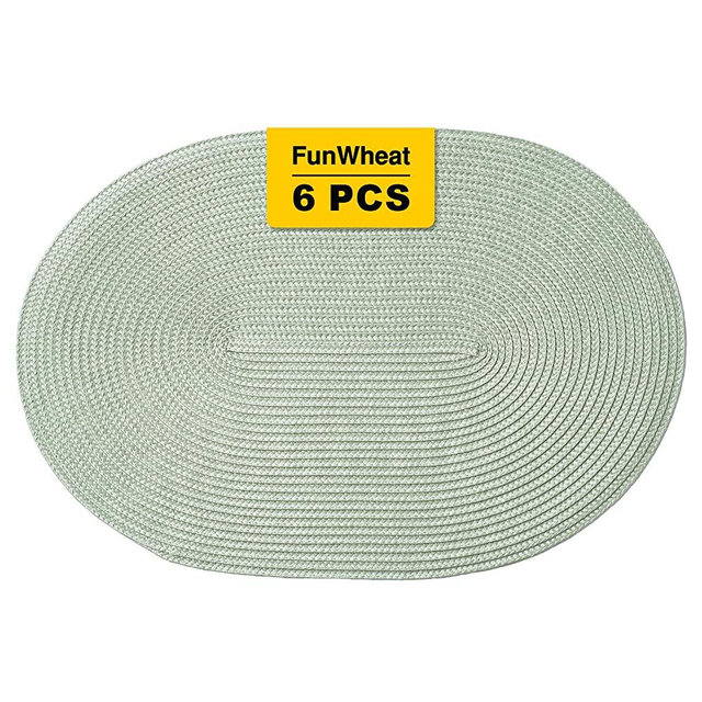 FunWheat Oval Braided Placemats Set of 6 Table Mats for Dining Tables Washable Heat Resistant Place mats for Daily Use 12X18(Oval Fog Green, 6pcs)