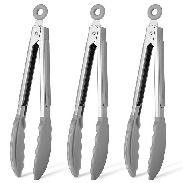 HOTEC 7 inch Premium Stainless Steel Locking Kitchen Tongs with Silicon Tips, Set of 3 Grey