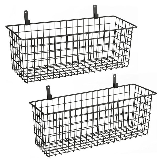 2 Sets Extra Large Hanging Wall Basket, Black Metal Wire Baskets with Steel Hooks for Organizing, WallmountedFruit Vegetable Toy Snack Storage, Home Kitchen Bathroom Laundry Pantry Organizer