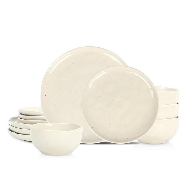 Stone Lain Mirella 12-Piece Stoneware Dinnerware Set, Service for 4 – Cream with Speckle, Reactive Glaze – Includes Dinner Plates, Salad Plates, and Bowls
