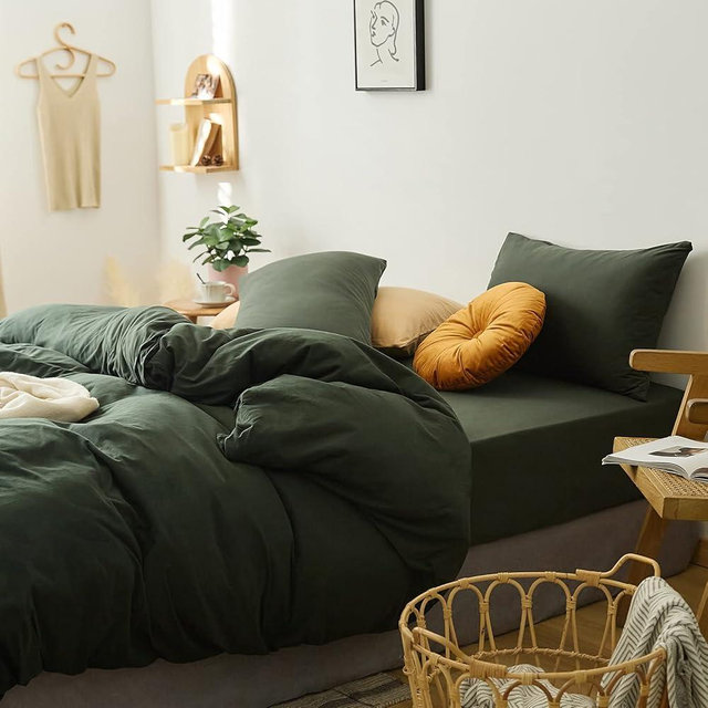 LifeTB Olive Green Duvet Cover Queen Size 3 Pieces Jersey Knit Cotton Bedding Duvet Cover Minimalist Dark Green Comforter Cover with Zipper Closure Breathable Soft Solid Color Bedding Set
