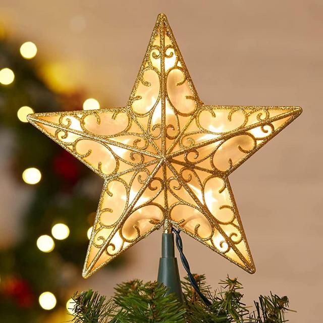 Christmas Star Tree Topper, Plug in Gold Glittered 3D Star Tree Topper, Metal Hollow Designed Built-in 10 Bulbs String Lights for Christmas Tree Decoration New Year Holiday Home Office Indoor