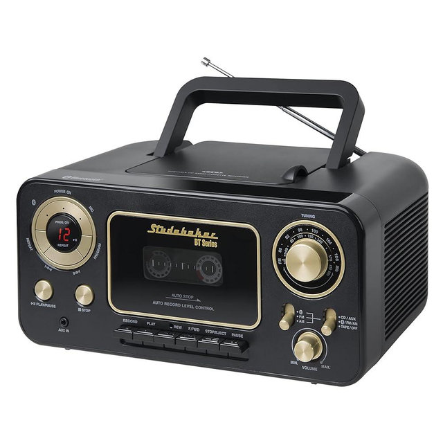 Studebaker Bluetooth Portable Stereo CD, AM/FM Stereo Radio and Cassette Player/Recorder (Black & Gold)