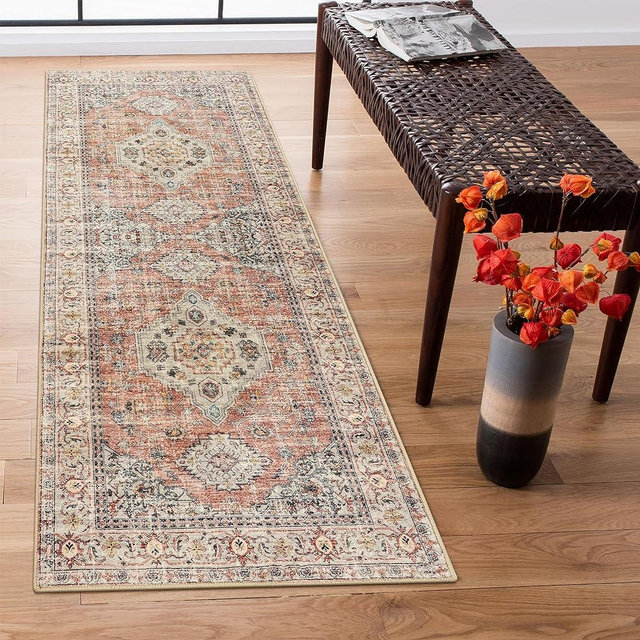 Lahome Oriental Boho Runner Rug - 2x6 Runner Rugs for Hallway Laundry Room, Ultra-Thin Distressed Washable Runner Rug,Vintage Soft Carpet Runner for Bathroom Kitchen Bedroom,Peach/Orange
