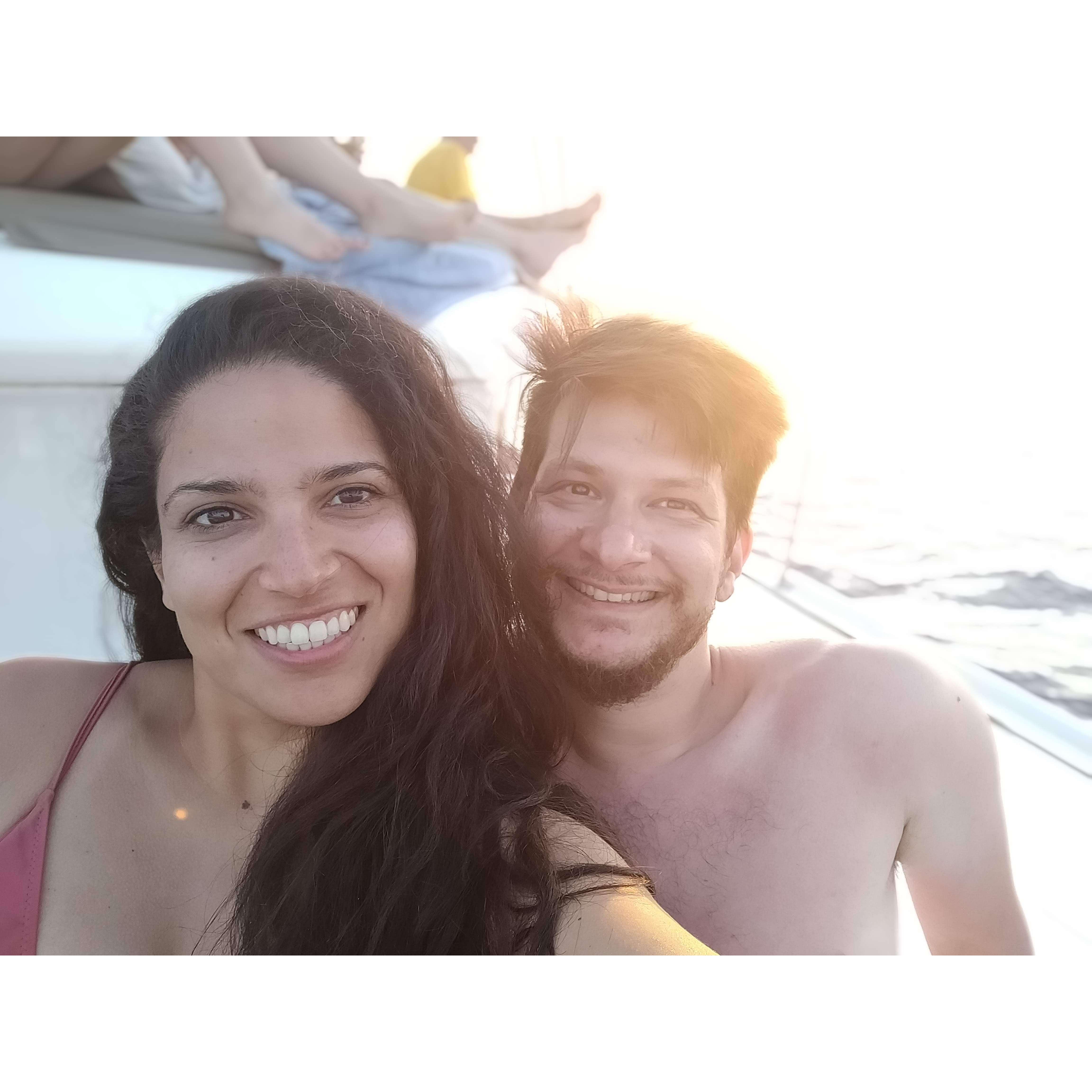 Sunsets in Santorini are a must for anyone. We experienced it in the middle of the Aegean sea... :)