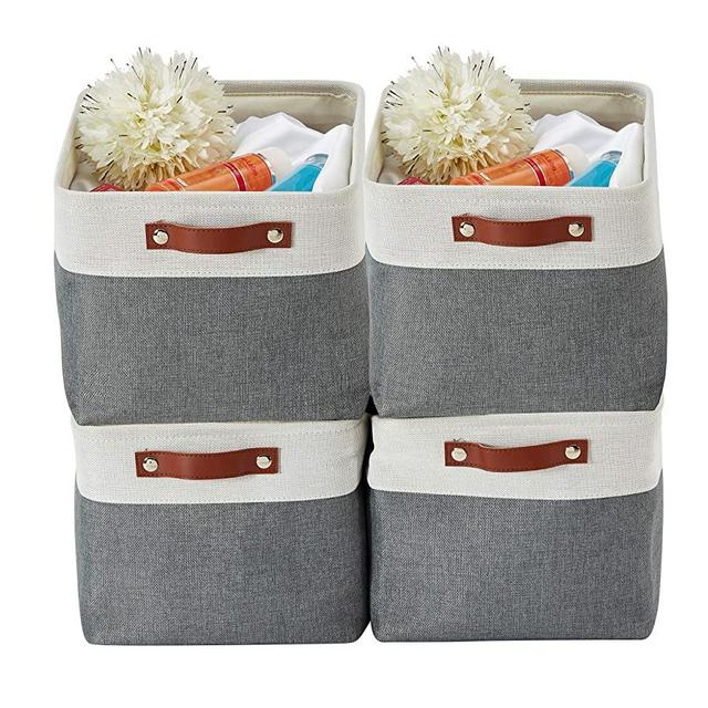DECOMOMO Foldable Storage Bin Collapsible Sturdy Cationic Fabric Storage Basket Cube W/Handles for Organizing Shelf Nursery Home Closet (Dark Grey and White, Large - 15 x 11 x 9.5-4 Pack)