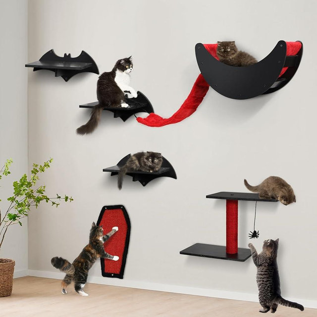 Gothic Cat Wall Shelves 7pcs Wall-Mounted Cat Climber Set Cat Tree Cat Bed with Bridge Ladder Steps Scratching Board Posts Hanging Spider Toy Cat Condo Furniture for Cats