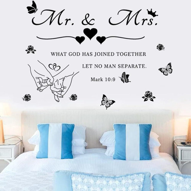 Mr. and Mrs. Wall Decals Wall Art Sticker Peel and Stick Wedding Sayings Art Lettering Stickers Hands with Hearts Romantic Wall Decor Wedding Anniversary Decor Bedroom Living Room Home Decor