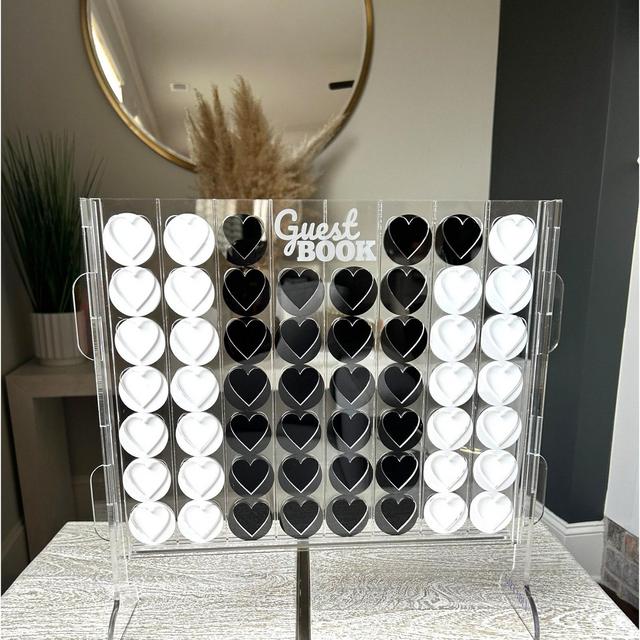 Wedding Guest Book Alternative- 16"X15" Connect-4-Hearts Acrylic Boho Drop Box Frame with 2 Pens, 54Pcs Tokens for Wedding Sign Table Decor