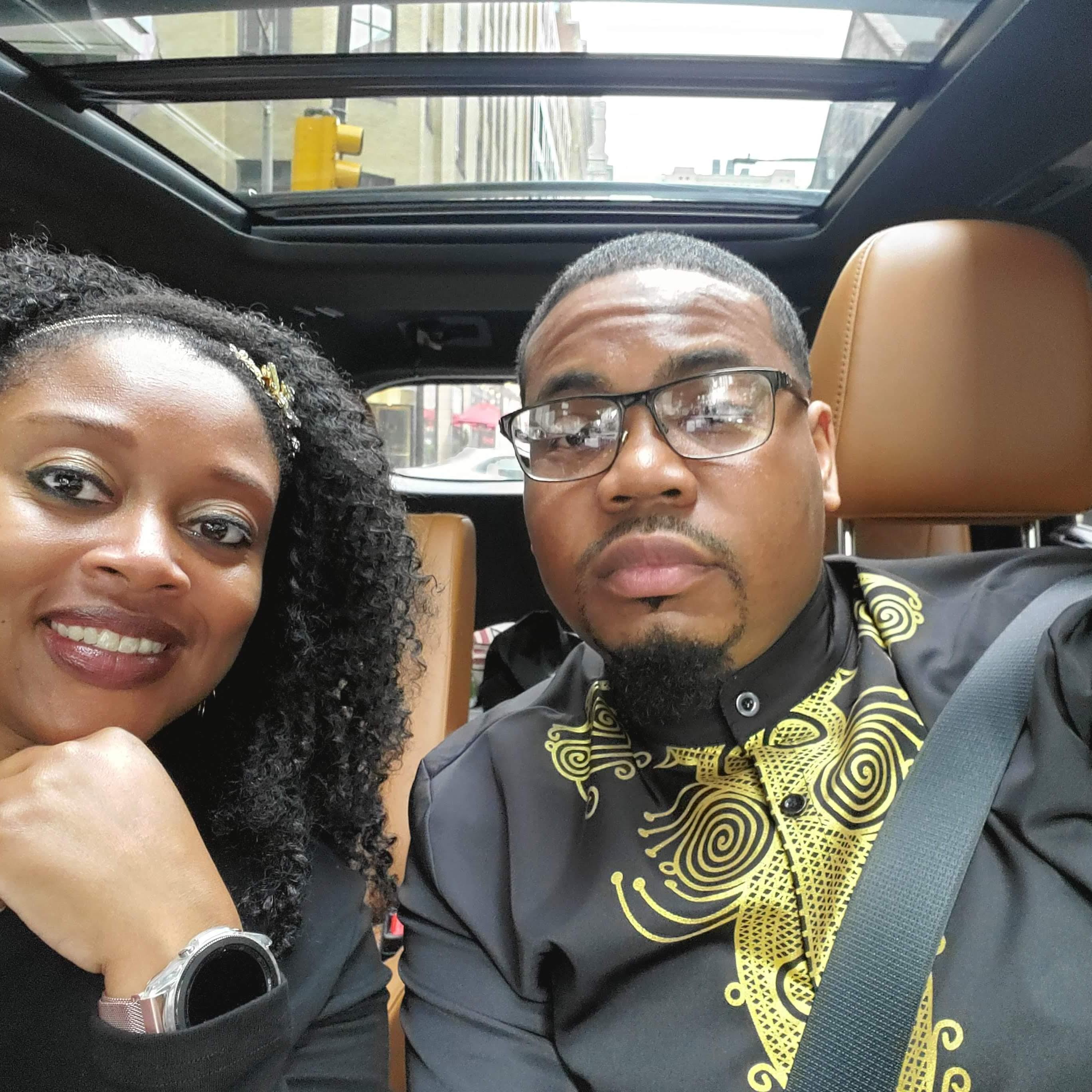 Our first official photo as a couple, headed to our bday celebration