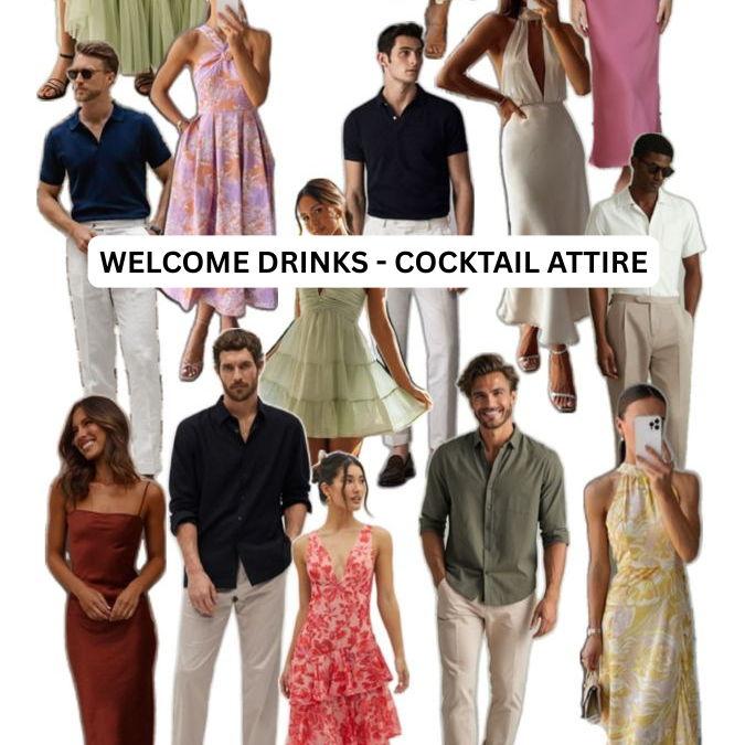 Polished but not overly formal. For the gals - think maxi or mid dresses or elegant separates. For men, a well-fitted shirt, T-shirt and/or blazer with tailored slacks.