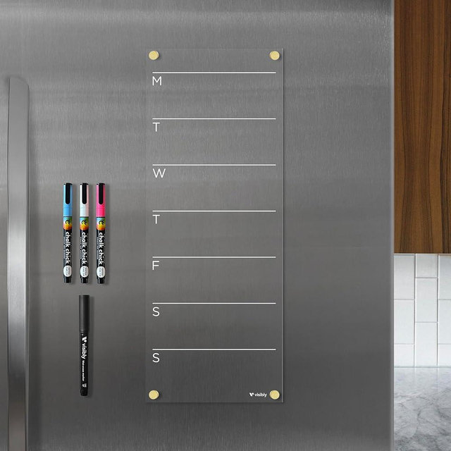 Magnetic Acrylic Weekly Calendar for Fridge, Includes 4 Magnetic Wet-Erase Markers for Refrigerator, 7" X 18".