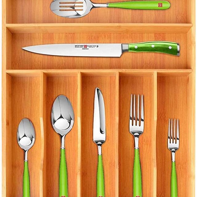 Bamboo Kitchen Drawer Organizer Tray for Flatware - Best Cutlery Tray for Silverware and Kitchen Utensils (7 Slots, Natural)