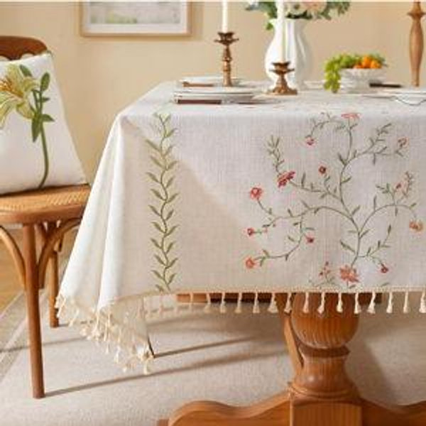 Laolitou Spring Pink Floral Table Cloth Rectangle Table, Embroidery Heavy Duty Cotton Linen Tablecloth, Farmhouse Rustic Waterproof Wrinkle Free Tablecloths with Tassels, Pink Flower, 55×75 Inch