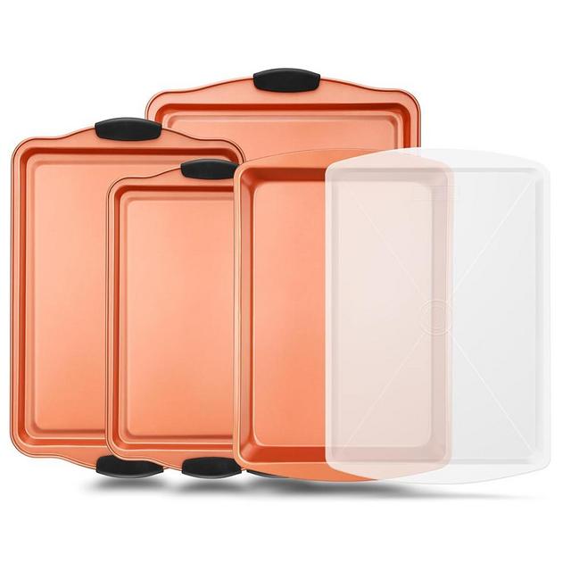 NutriChef 5-Piece Bakeware Set – Premium Non-Stick, Stackable Kitchen Baking Pans with Silicone Handles – Includes 3 Cookie Sheets, Baking Pan & Lid – Perfect for Cakes, Cookies & Brownies