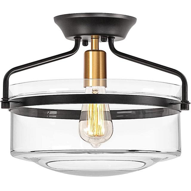 Ledsyonda Semi Flush Mount Ceiling Light, 14.2" Modern Farmhouse Light Fixtures for Porch Hallway Kitchen Bathroom Living Room, Black Ceiling Light Fixture with Clear Glass Shade and Brass Socket