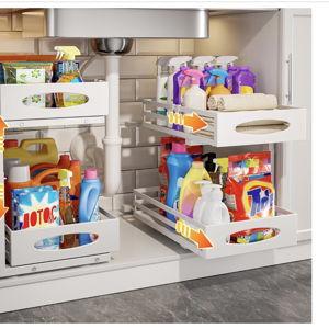 Under Sink Organizer, 2 Tier Under Sink Organizers and Storage, Adjustable Height, Slide out Metal Cabinet Organizers, Pull out Cabinet Storage Drawer Shelf for Kitchen Bathroom (White, 2 Pack)