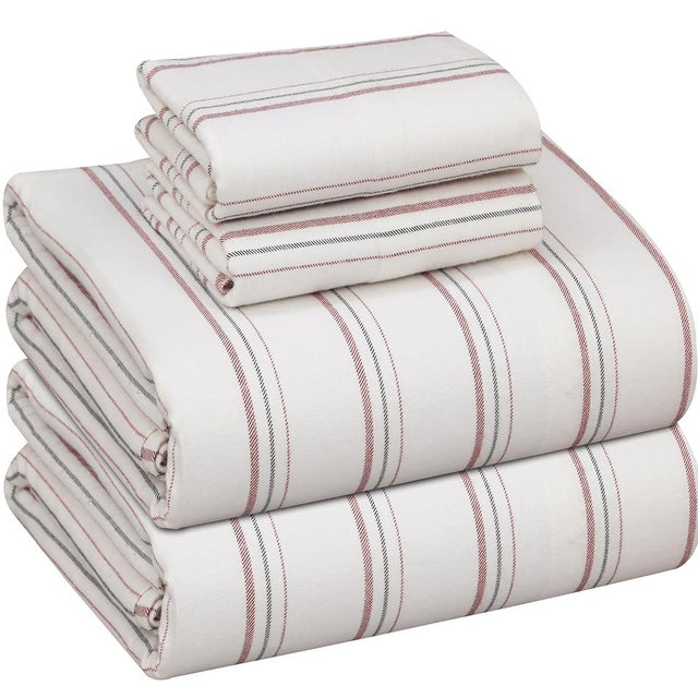 RUVANTI Flannel Sheets Queen Size - 100% Cotton Double Brushed Bed Sheets, Deep Pockets 16 Inches Queen Sheet Set, All Seasons Breathable & Extra Soft - Warm & Cozy, 4 Piece, Twill Stripe