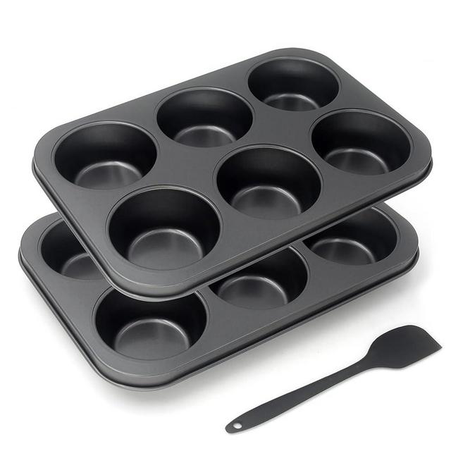 Bakexcel Non-Stick Jumbo Muffin Pans, 6-Cup Set of 2 Baking Pans with a Spatula for Extra-large Muffins & Cupcakes