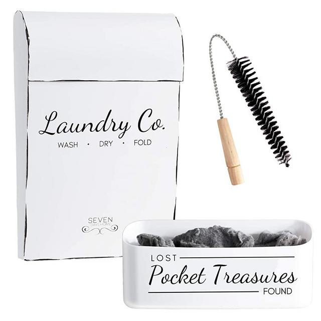 Laundry Room Decor and Accessories 3 Piece Farmhouse Decor Metal Magnetic Lint Bin for Laundry Room Organization and Storage - Includes Dryer Lint Brush Vent Cleaner Home Washer Dryer Lint Removal