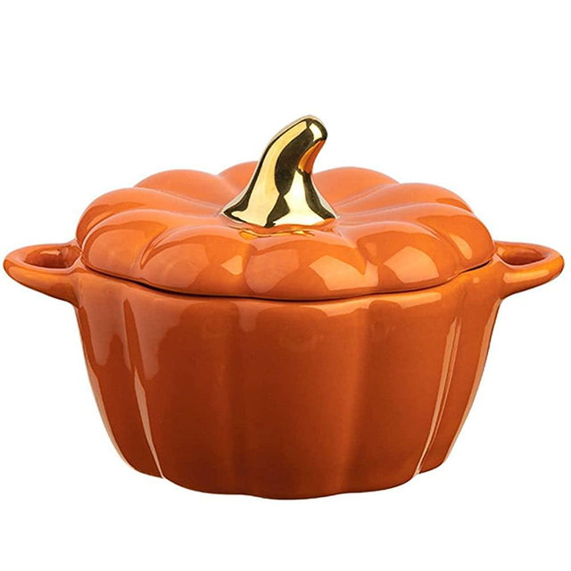 Dutch Oven Pot with Lid, Pumpkin Pottery Dessert Saucepan, Mini Baking Dish Cute Pumpkin Bowl, Covered Dutch Oven Ceramic Stockpot, Pumpkin-Shaped Casserole (Orange)