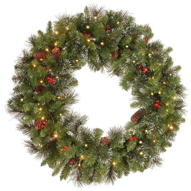 National Tree Company Pre-Lit Artificial Christmas Wreath, Green, Carolina Pine, White Lights, Decorated with Pine Cones and Glitter, Berry Clusters, Christmas Collection, 30 Inches