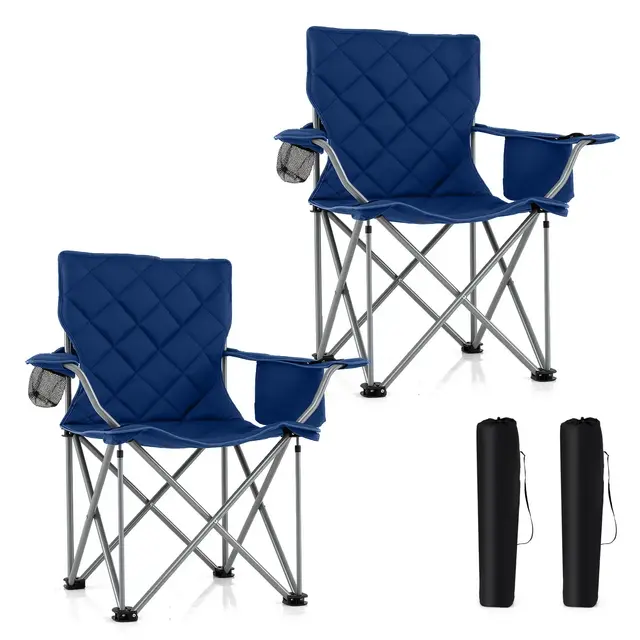 Costway 2PCS Oversized Camping Chairs Heavy Duty Outdoor Folding Chair w/Cooler Pouch Navy