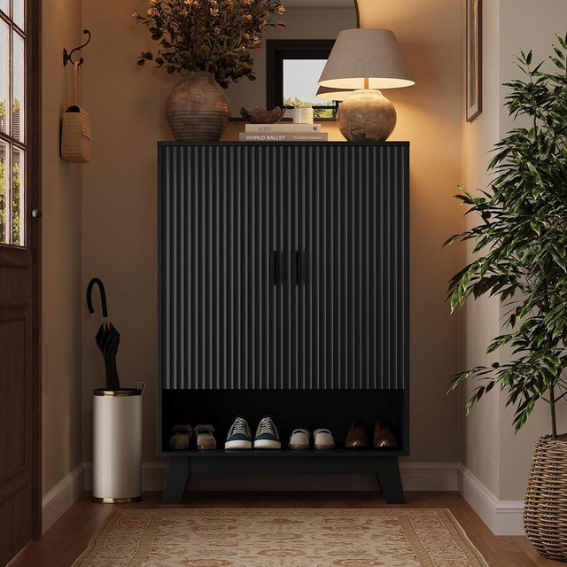 BOXACTION 4-Tier Fluted Shoe Cabinet with 2 Doors & Open Shelf, Mid Century Modern Shoe Storage Organizer with Adjustable Shelves, Metal Handles & Wood Legs, Hidden Shoe Rack for Entryway, Hallway