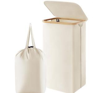 Lifewit 100L Laundry Basket with Lid, Clothes Hampers for Laundry with Bamboo Handles and 1 Removable Bag, Large Foldable Laundry Hamper for Bedroom, Bathroom, Dorm, Laundry Room, White