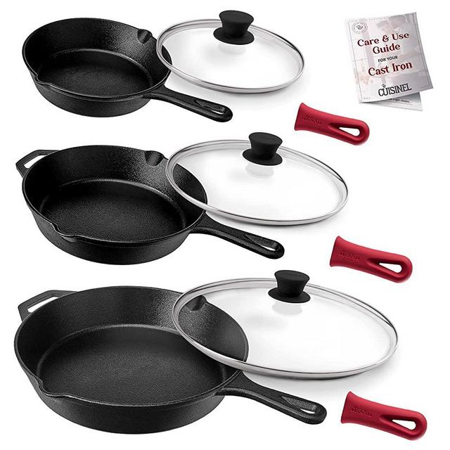 Cuisinel Cast Iron Skillet Set - 8"+10"+12"-Inch + Glass Lids + Silicone Handle Holder Covers - Pre-seasoned Frying Pans - Oven Safe Cookware - Indoor/Outdoor Use - Grill, Stovetop, Induction Safe