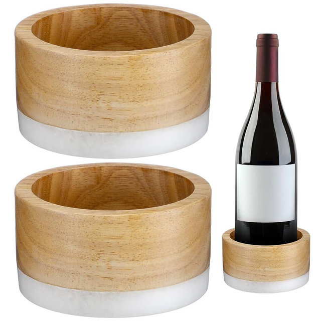 Baderke 2 Pcs Wood and Marble Wine Bottle Coaster Set, Wine Holder for Champagne Bottles and Any Occasion