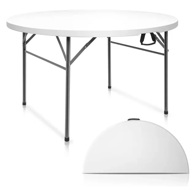 VINGLI 48" Round Bi-Folding Commercial Table, Portable Plastic Dining Card Table for Outdoor Parties, Restaurants, Cafes and Commercial Events, White
