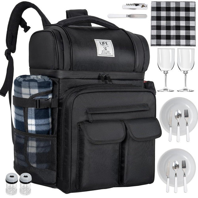 ITHWIU Picnic Backpack for 2 Person with 2 Insulated Leakproof Cooler Compartment, 2 Cutlery Sets, Wine Holder, Fleece Blanket, Perfect for Beach, Camping, Hiking, Black