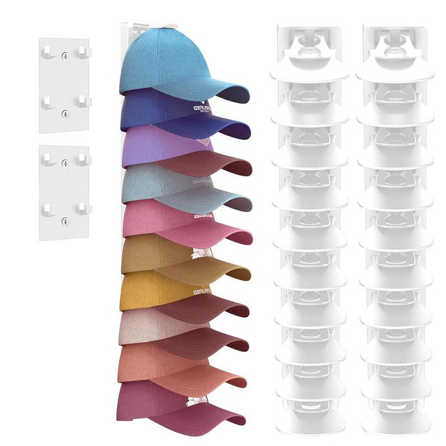 HeQe Hat Organizer for Baseball Caps 2 Pack, Adhesive Hat Rack for Wall, Baseball Cap Organizer (White)