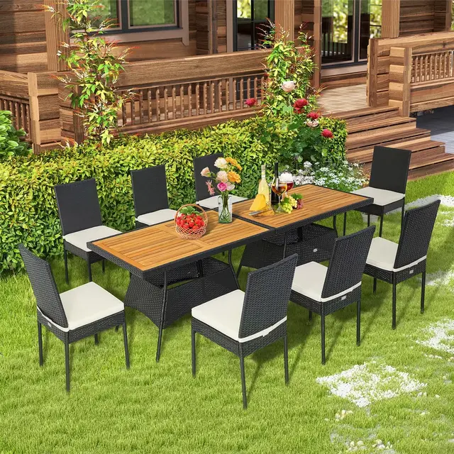 Costway 10 PCS Patio Rattan Dining Set Rectangular Wood Top Tables Cushioned Chair Garden