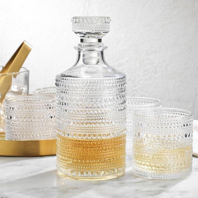 Whiskey Decanter Set for Men, 4 Rocks Drinking Glasses for Spirits, Whiskey, Bourbon, Liquor. Clear Embossed Hobnail Style Decanter Sets Gifts for Men Dad Him -Glavers