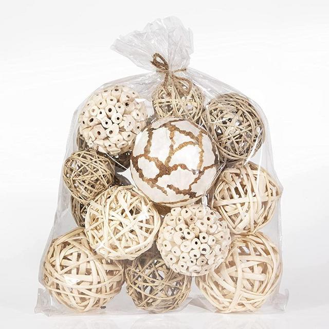 ANDALUCA Large Decorative Vase Filler Bag with Florals, Orbs, Balls for Tabletop Display, Bowl Filler Décor (Natural White)