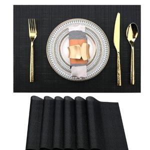 SLKQG Black Placemats Set of 6 - Easy Clean Washable Vinyl Placemats - Wipeable Heat Proof Table Mats for Dining Table - 17x12 Inch (Pure Black, 6)
