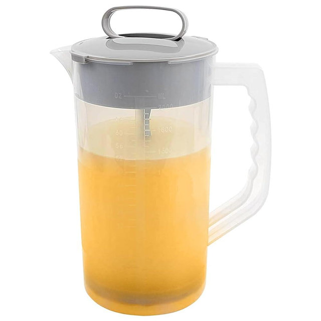 Hlimior 1 Pack Mixing Pitcher for Drinks 2 Quart/ 64oz Plastic Water Pitcher with Lid，Easy-Mix Juice Container，Angled Plastic Blades and Adjustable Mixer Plunger for Juice, Tea, Beverage Container