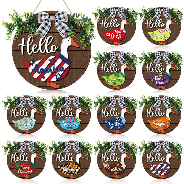 Weysat 13 Pcs Interchangeable Wooden Goose Decor, 11.8 Inch Holiday Seasonal Welcome Changeable Hello Geese Signs Rustic Farmhouse Front Door Round Wreaths Hanging Decorations for Porch Home Outdoor