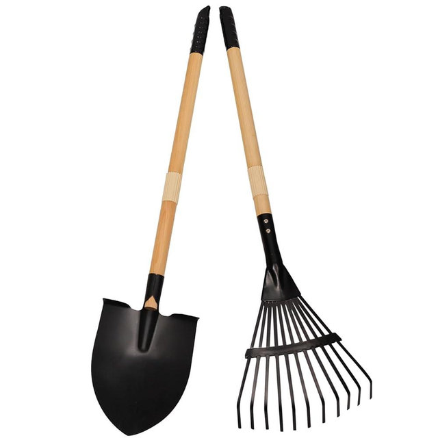 POMIKU Kids Rake and Shovel Set, 2Pcs Garden Tools Metal Head with Wooden Handle, Great Gardening Gifts for Boys Girls Age 3 and Up
