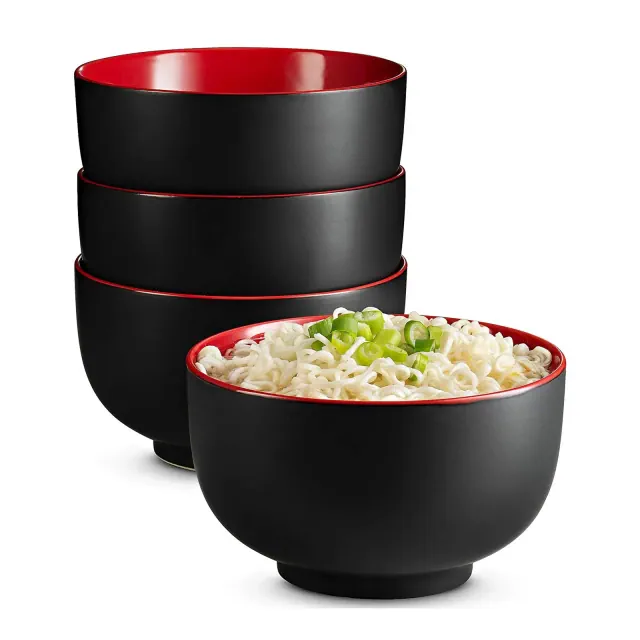 Kook Ceramic Ramen Noodle Bowls, 34 oz, Set of 4, Red