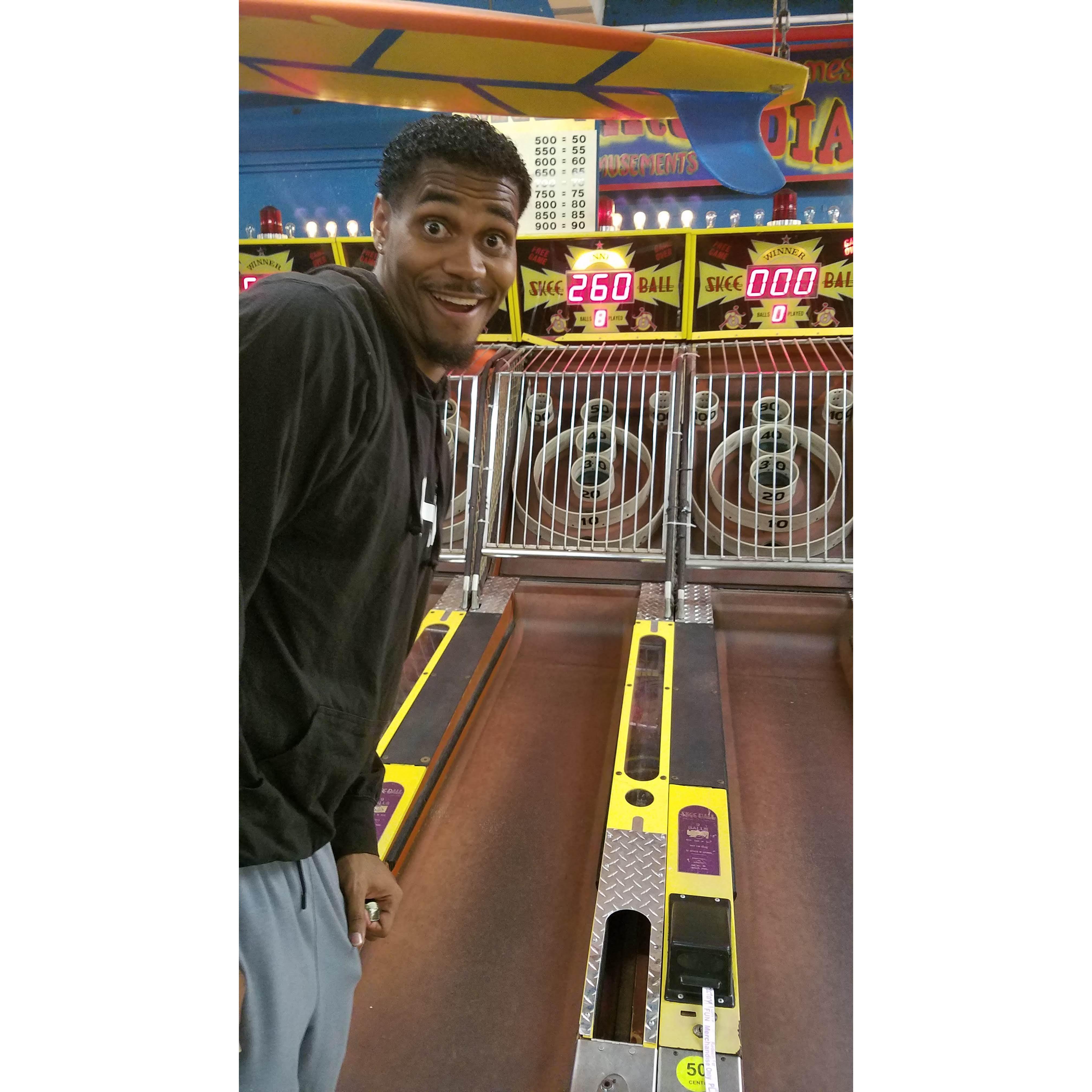 Spense beating Shay at the arcade at Redondo Beach Pier, on one of our first dates (October 2016)