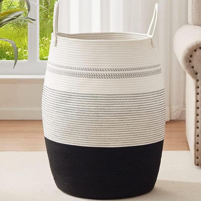 OIAHOMY Laundry Hamper Woven Rope Large Clothes Hamper 25.6" Height Tall Laundry Basket with Extended Handles for Storage Clothes Toys in Bedroom, Bathroom, Foldable (Gradient Dark)