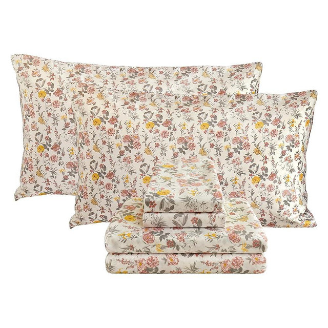Viviland Floral Queen Sheet Set 4 Pieces Pink and Yellow Flower Bed sheet Soft Breathable Brushed Microfiber Bedding Sheets & Pillowcases Wrinkle Free Fitted Sheets with 15" Deep Pocket for Queen Size