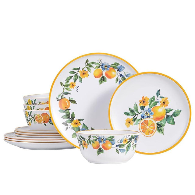 Lemon Melamine Dinnerware Set of 4-12 Pcs Plates and Bowls Sets, Indoor and Iutdoor Dishes for Patio, Outdoors, RV, Spring Camping- Matte Exterior