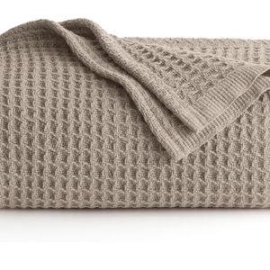 Bedsure 100% Cotton Large Throw Blanket for Couch 50x70 inches - Breathable and Soft, Waffle Weave Throw Blanket for Office, Tan