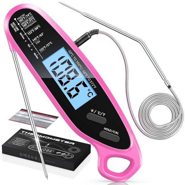 Vuwwey Instant Read Meat Thermometer Digital for Cooking & Grilling with Dual Probe, Big Backlit Screen & Auto-Calibration, Food Thermometer for Grill, Smoker, BBQ, Oven, Candy, Oil Fry - Pink
