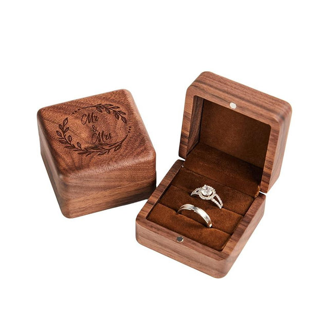 Roycraft Mr & Mrs Ring Box Wedding Day for Ceremony 2 Slots Engagement Ring Bearer Box Engraved Wooden for Proposal Day Jewelry Gift