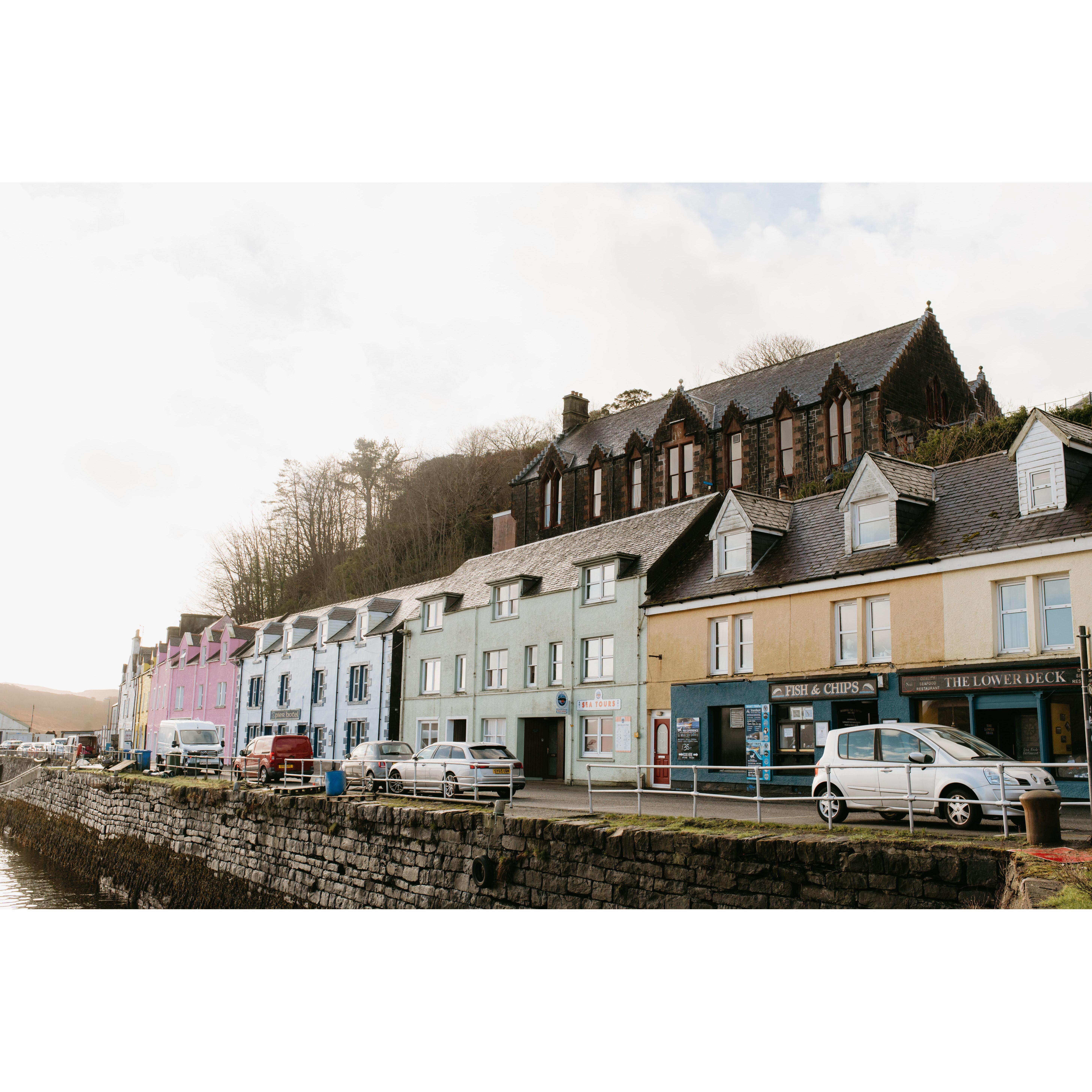 The GORGEOUS colorful harbor-side houses in Portree, the town where our hotel was located!